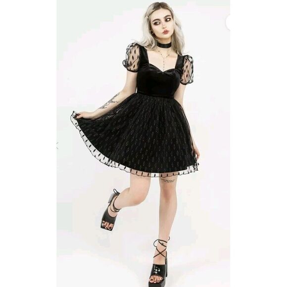 Disturbia Embroidered Tulle Puff Mini Dress Sz 6 Black Velvet Lace Romantic Goth - Picture 2 of 11